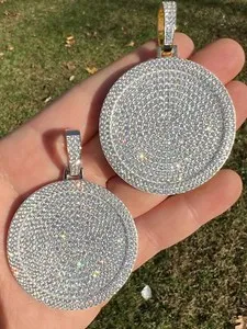 Authentic Solid 925 Silver 14K Gold Plated Large Bling CZ Round Hip Hop Pendant Necklace