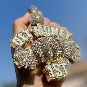 Authentic 14K Gold Plated "Get Money 1st" Cash Fist Huge Jumbo Pendant Iced Bling Out CZ