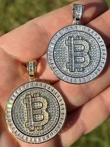 Authentic Solid 925 Silver 14K Gold Plated Bling Out BITCOIN CZ Hip Hop Pendant Necklace