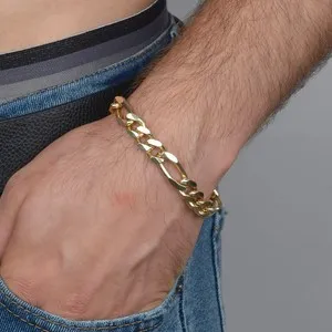 Authentic Men Women 18K Gold Plated Over Bling Wide Figaro Link Bracelet
