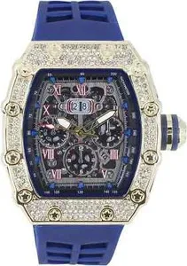 Authentic Watch Bling Gold Plated Iced Icy Simulated Diamond Date Silicone Band Hip Hop