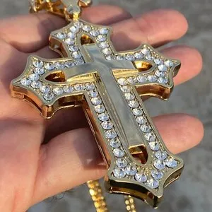 Authentic 18K Gold Plated Huge Iced CZ Bling Out Open Cross Necklace Cuban Link Chain 30"