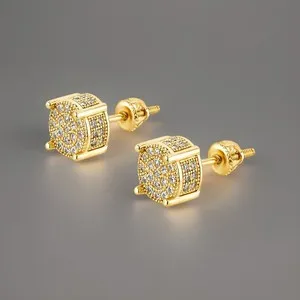 Authentic 14K Gold Plated Iced Out CZ Cluster Stud Earrings Screw Back Mens Bling