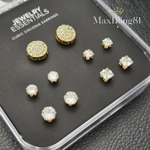 Authentic 5 Pairs Iced Bling Cubic Zirconia Gold plated Stud Luxury Earring Earrings