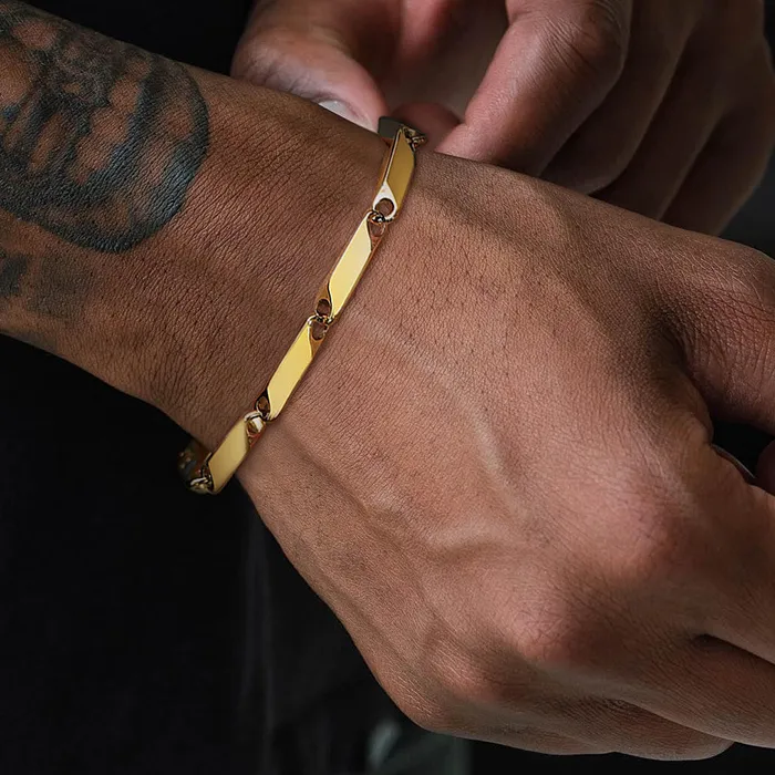 Authentic Bar Link Baht Link Chain Bracelet, Gold Plated Bamboo Bracelets,Men's Jewelry, Guy