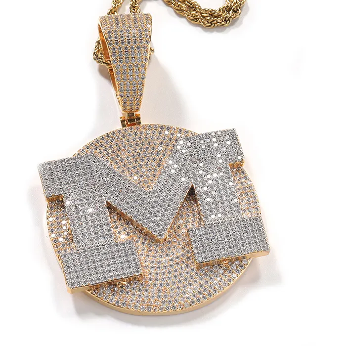 Authentic Custom Personality Big Letter Name Round Pendants Necklace Hip Hop Cz Stone Bling Iced Out Rapper Jewelry
