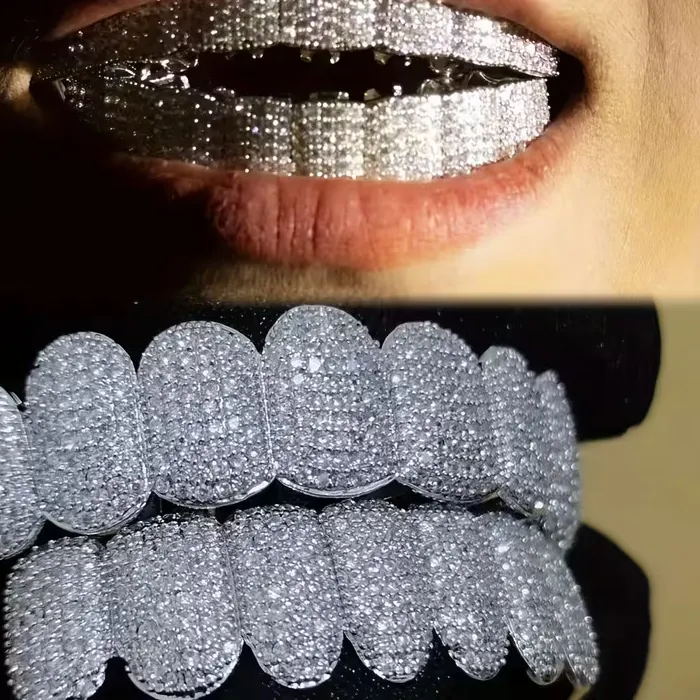 Authentic TOPGRILLZ Bling CZ Teeth Set For Full Zircon Top Bottom Mouth Gold Silver Color Teeth Tooth Cap Removable Dental Jewelry