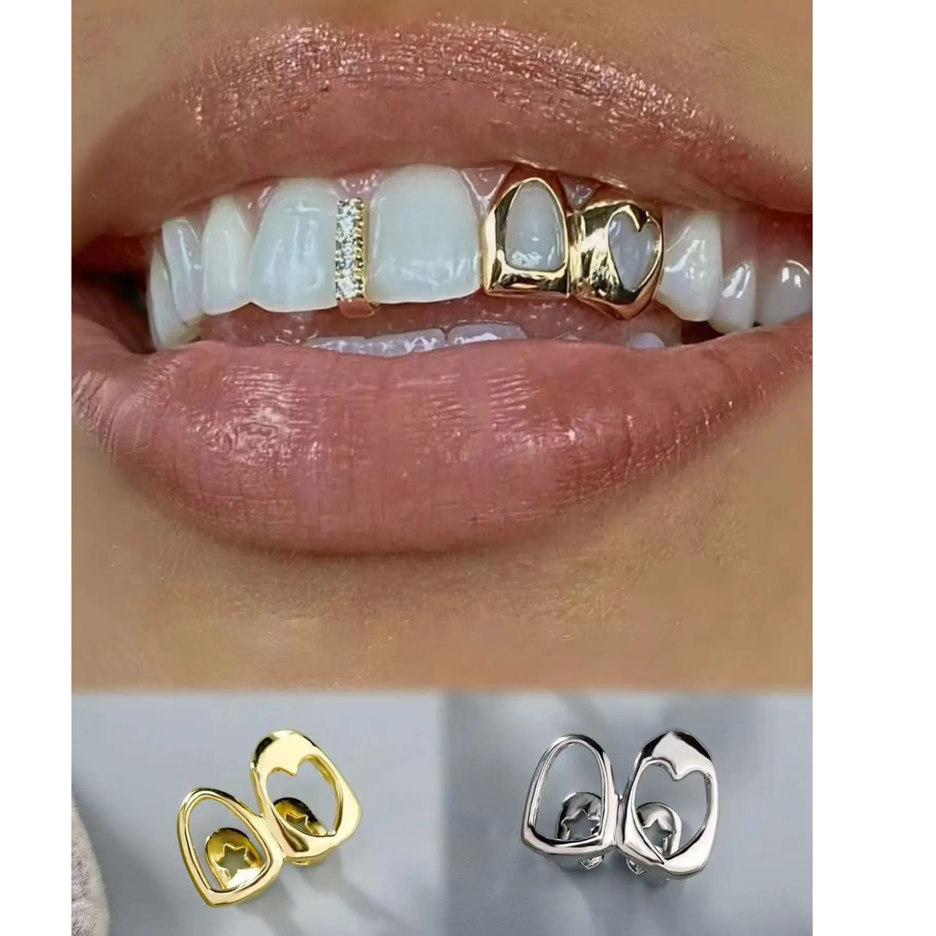 Authentic 3pcs Gold Color FTCY Hip Hop Hollow Heart Tooth Grillz For Women Daily Wearable Tooth Jewelry Dental Grillz Custom Fit Bling Smile Accessory Hip Hop Style