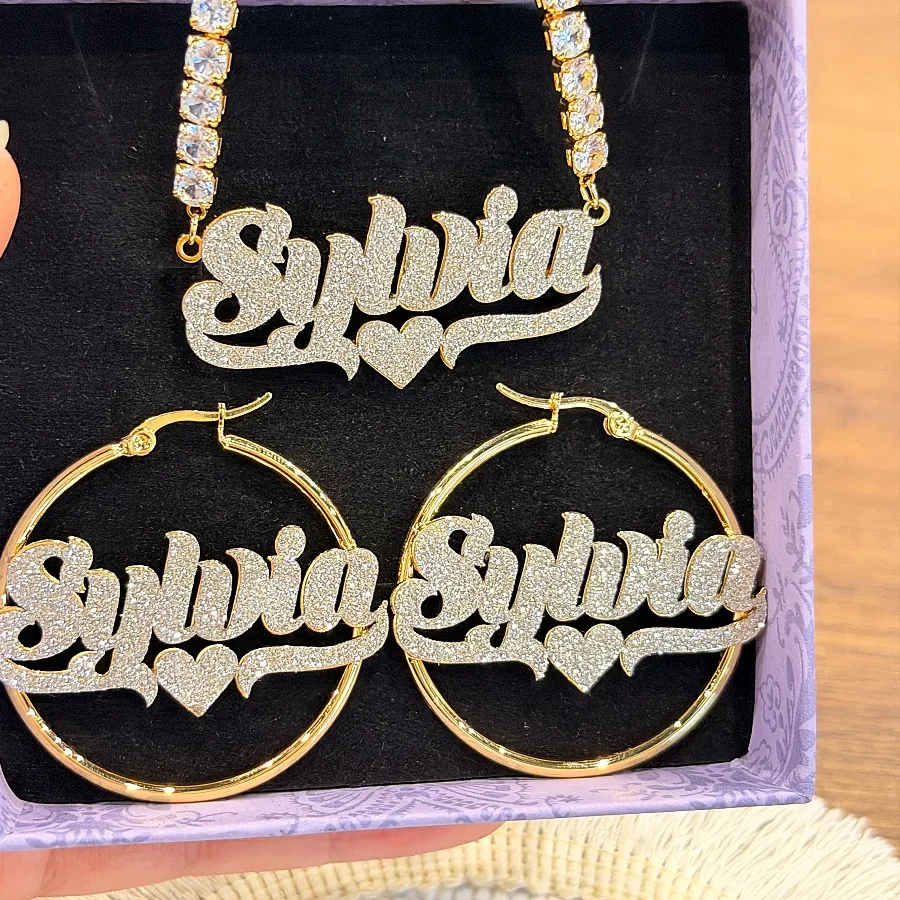 Authentic DUOYING Custom Bling Name Hoop Earrings Necklace Set Personalized Nameplate Hoops Women Jewe;ry