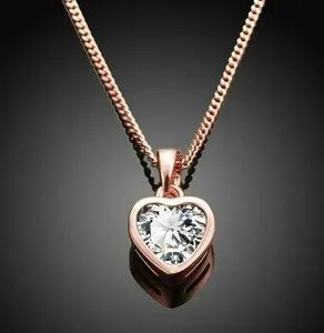 Authentic 14K Rose Gold Plated Heart Cut 2Ct Simulated Diamond Bezel Love Heart Pendant
