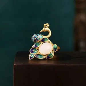 Authentic Gold Plated Enamel Painted Phoenix Hetian Jade Adjustable Ring