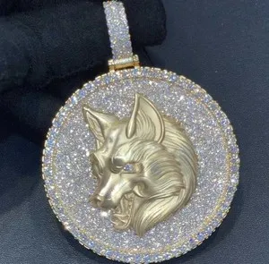 Authentic 2.5Ct Round Moissanite Men's Wolf Circle Charm Pendant 14K Yellow Gold Plated