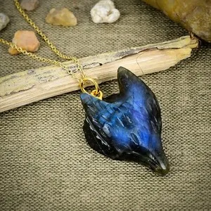 Authentic Blue Flashy Labradorite Gold Plated Wolf Head Gemstone Sterling Silver Pendant