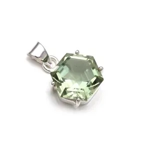 Authentic Natural Green Amethyst Hexagon Pendant 925 Sterling Silver Jewelry For Her