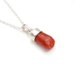 Authentic Natural Italian Red Coral Raw Chain Pendant 925 Sterling Silver Vintage Jewelry