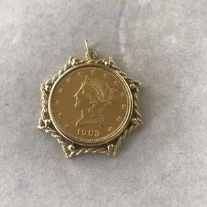 Authentic Without Stone Men's 1903 Lady Liberty Coin Charm Pendant 14K Yellow Gold Plated