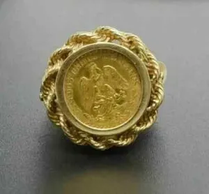 Authentic Without Stone MEXICAN DOS PESOS Coin Women's Wedding Ring 14k Yellow Gold Plated
