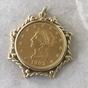 Authentic Without Stone Men's 1903 Lady Liberty Coin Charm Pendant 14K Yellow Gold Plated