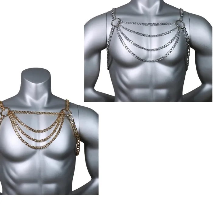 Authentic Men's Sexy Metal Body Chest Chain Jewelry Punk Styles Bikinis Harness Festival Accessories Party Club Hollow Out Necklace