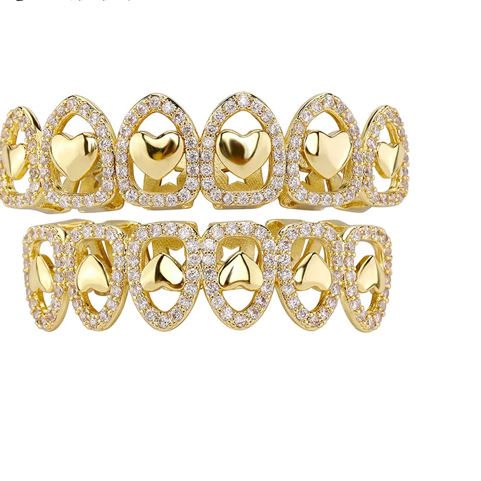 Authentic Topgrillz Halloween Jewelry Gold Silver Color Hollow Heart Teeth Caps Iced Out Zircon 6 Top 6 Bottom Grillz