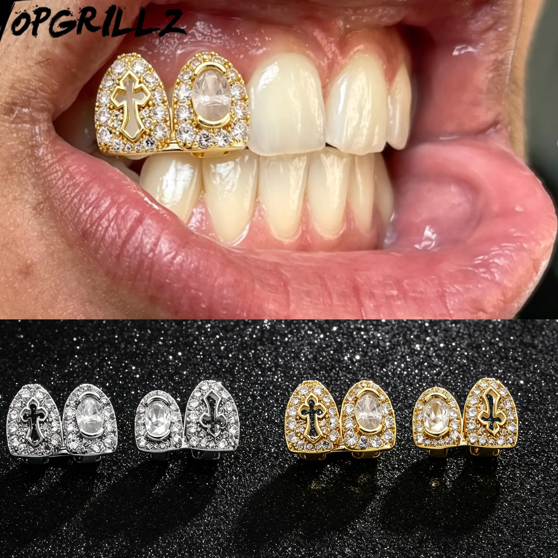 Authentic TOPGRILLZ Luxury Hip Hop Grillz 2 Tooth Set Cross And Big Stone Zircon Iced Out Grills For Women Men Jewelry