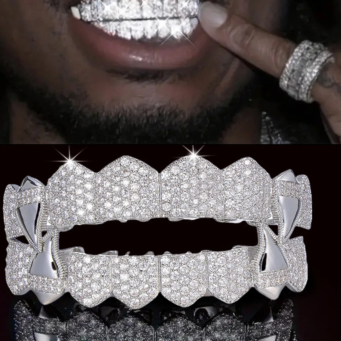 Authentic RACHELZ Mixed 8/8 Top Bottom Iced Out CZ Stone Teeth Grills Hip Hop Shiny Zircon Tooth Caps For Women Men Jewelry Fangs