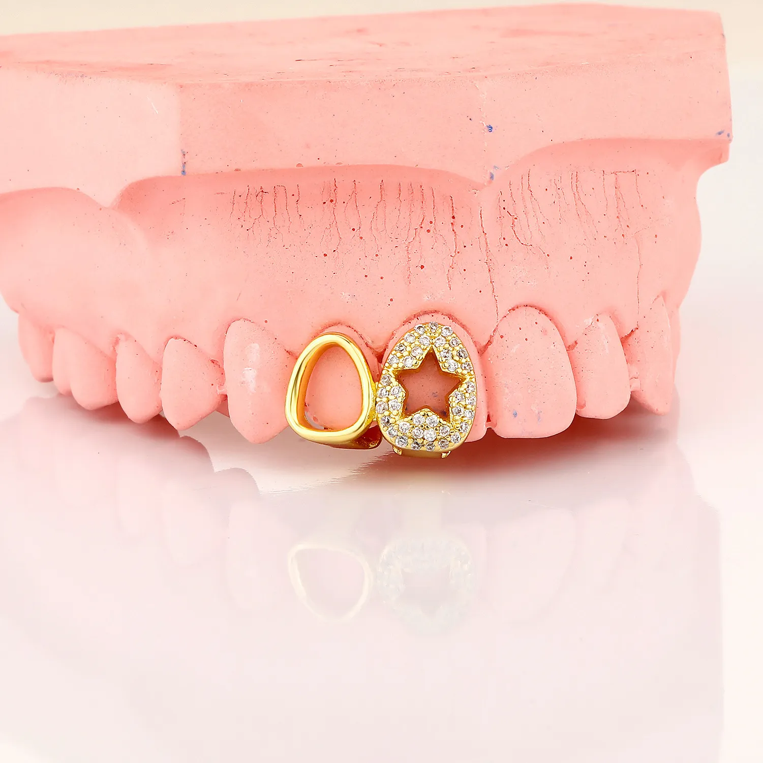 Authentic YOUNGX Y2K Vintage Shiny Zircon Double Hollow Star Teeth Grillz Punk Iced Out CZ Stone Tooth Caps For Women Men Jewelry Cosplay