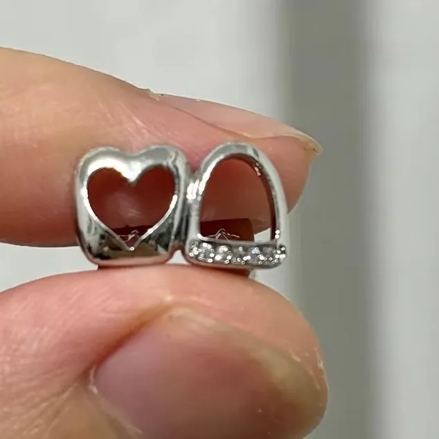 Authentic Double Hollowed Out Heart Teeth Grillz Punk Hollow Zircon Tooth Caps For Women Men Street Jewelry