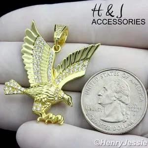 Authentic MEN 925 STERLING SILVER ICY BLING CZ 3D EAGLE GOLD PLATED CHARM PENDANT*AGP149