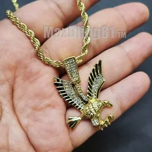 Authentic Eagle Hip Hop Gold Plated Cubic Zirconia Pendant & 4mm 24" Rope Chain Necklace