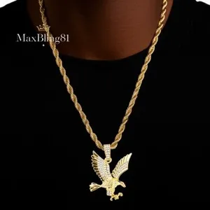 Authentic Hip Hop Gold Plated Eagle CZ Bling Pendant & 4mm 24" Rope Chain Necklace