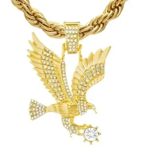Authentic Mens Gold Plated Iced CZ Large Eagle Pendant 8mm 24 inch Rope Chain HC 8007 G