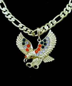 Authentic Eagle aguila necklace CZ thick figaro cuban miami chain Pendant 14k gold plated