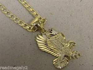 Authentic Men Yellow Gold Plated Eagle Charm & 24in Long Cuban Necklace Chain Set 4mm Wide