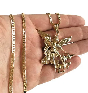 Authentic 18K Yellow Gold Plated Saint Michael Pendant 24" Mariner Chain,Protection-55mm