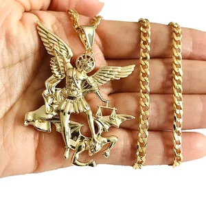 Authentic 18K Yellow Gold Plated Saint Michael Pendant 24" Curb Chain - 55mm Charm- P7