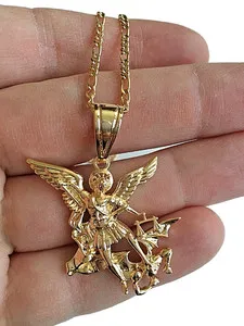 Authentic 18K Yellow Gold Plated Saint Michael Pendant 20" Figaro Chain Necklace