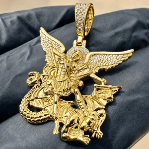 Authentic 14k Gold Plated 925 Sterling Silver St Saint Michael CZ Pendant San Miguel 1"