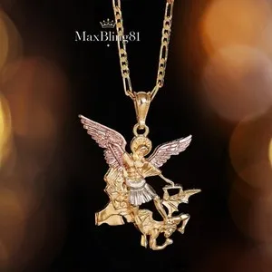 Authentic Saint Michael Archangel Gold Plated Pendant & 22" Figaro Chain Necklace