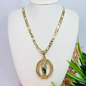 Authentic 14k Gold Plated Saint Jude Pendant with Figaro Chain 24 San Judas Necklace #236