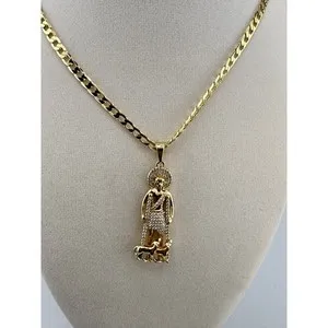 Authentic San Lazaro Pendant 14k Gold Plated 24 Inch Curb Chain Necklace Saint Lazarus CZ