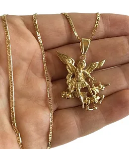 Authentic 18K Yellow Gold Plated Saint Michael Pendant 20" Mariner Chain- 40mm Charm - P74