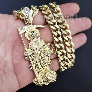 Authentic Gold Plated SAINT DEATH SANTA MUERTE Charm 18" ~ 30" Cuban Chain Necklace