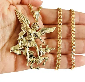 Authentic 18K Yellow Gold Plated Saint Michael Pendant 22" Curb Chain - 55mm Charm- P7
