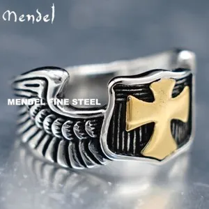Authentic MENDEL Mens Gold Plated Biker St Saint Michael Angel Wings Cross Ring Size 7-15