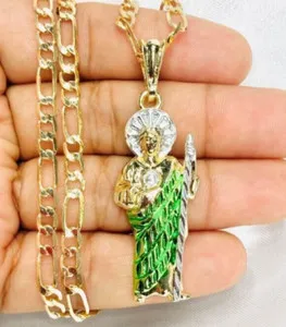 Authentic 14k Gold Plated SAINT JUDE Green Pendant Necklace & Figaro Chain 24 #168