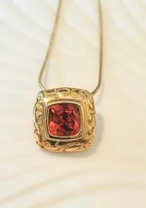 Authentic Spessartite Garnet (Lab Created) Gold Plated Pendant Necklace
