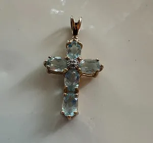 Authentic 3Ct Oval Cut Lab Created Aquamarine Cross Womens Pendant 14k Yellow Gold Plated