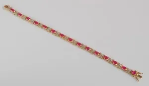 Authentic 925 STERLING SILVER GOLD PLATED LAB CREATED RUBY TENNIS BRACELET MINT