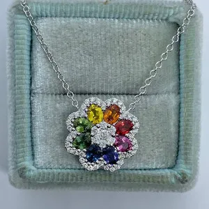 Authentic 3Ct Oval Lab-Created MultiStone Women's Rainbow Pendant 14K White Gold Plated